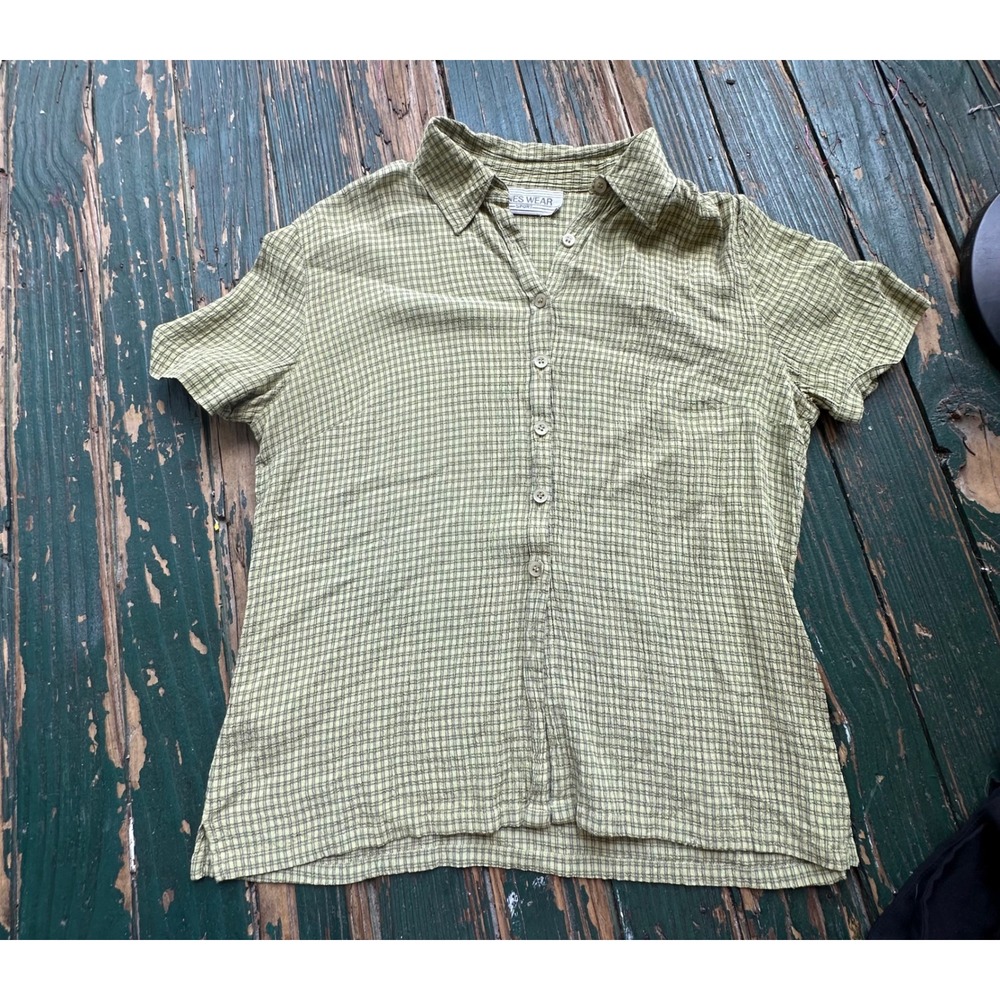 Jones Wear Sport Olive Green Plaid Textured Short Sleeve Button Down Shirt